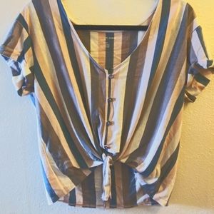 American Eagle Striped Crop Tie Tee Shirt Button Up
